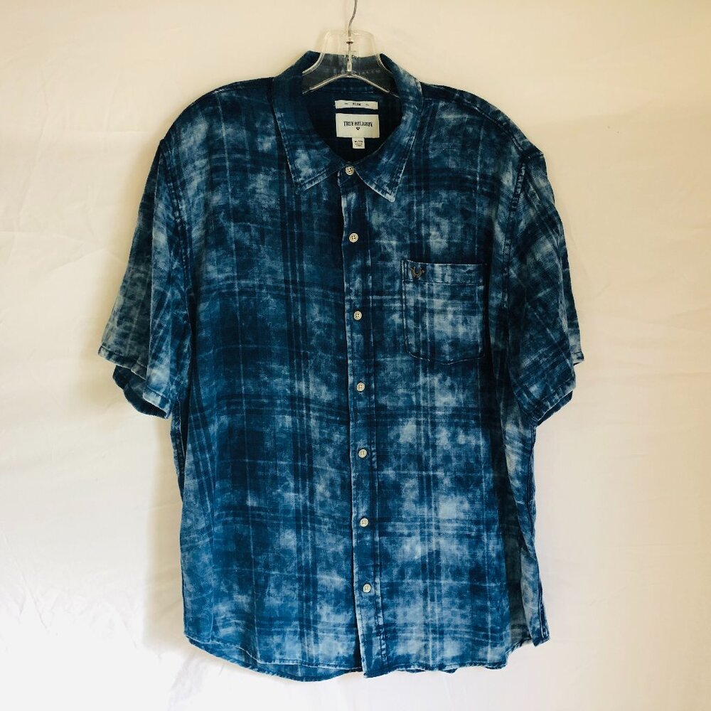 True Religion Men's Size XL Slim‎ Fit Tie Dye Button Up Short Sleeve Shirt